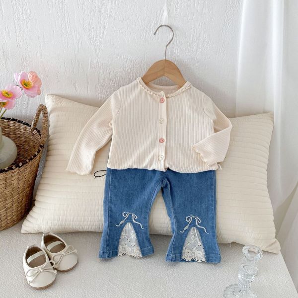 女童蕾絲拼接 開岔牛仔長褲 牛仔褲