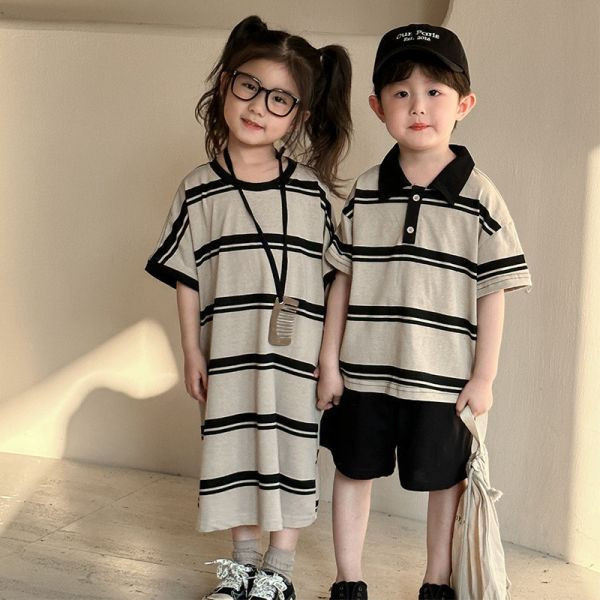 【現貨】男童女童 條紋洋裝連身裙 短袖套裝+短褲 