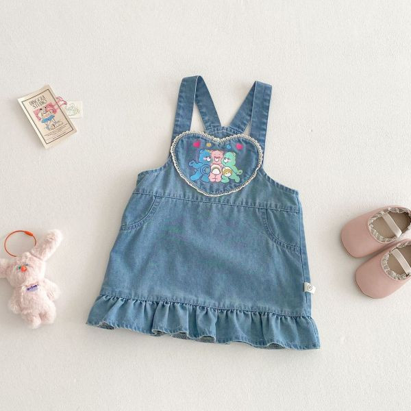 【現貨】女童條紋彩色背心上衣 熊熊刺繡吊帶裙 