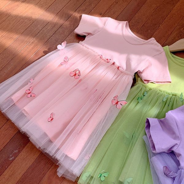 【現貨】女童網紗 短袖拼接 連身裙 立體蝴蝶 洋裝 