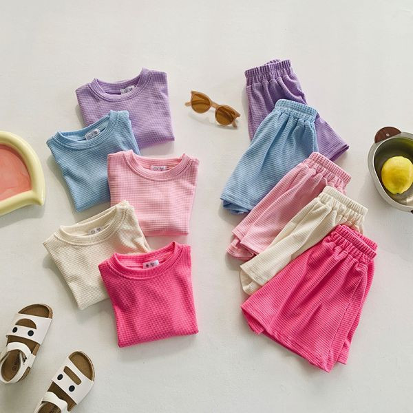 【現貨】女童 舒適短袖套裝 華夫格 短袖上衣+短褲 