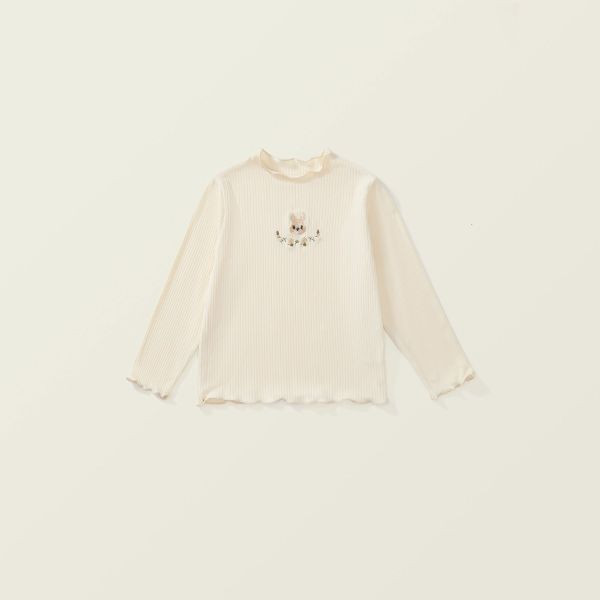 【現貨】女童甜美兔子刺繡 長袖木耳邊內搭上衣 