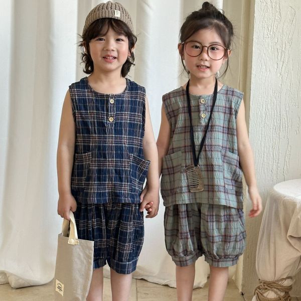 男童女童 格子背心套裝 背心上衣+短褲 