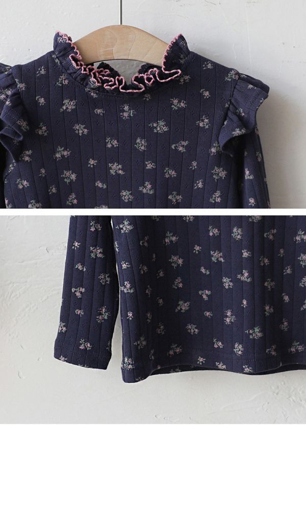 女童木耳邊 韓版 碎花復古風內搭上衣 