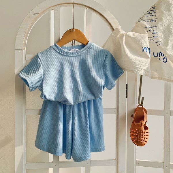 【現貨】女童 舒適短袖套裝 華夫格 短袖上衣+短褲 