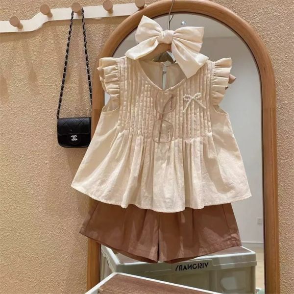 【現貨】親子裝 女童荷葉百褶上衣+休閒短褲 母女裝 短袖套裝 