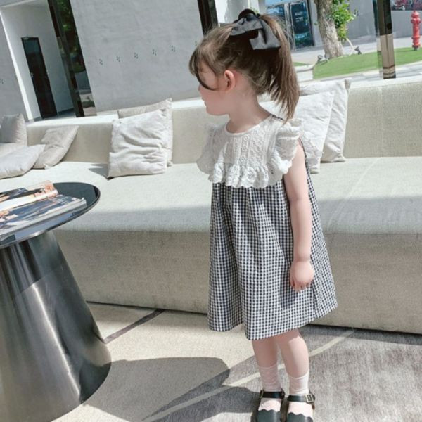 【現貨】女童浪漫蕾絲拼接 格子裙 短袖洋裝 背心裙 