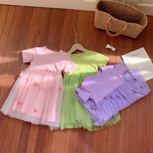 【現貨】女童網紗 短袖拼接 連身裙 立體蝴蝶 洋裝 