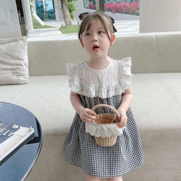 【現貨】女童浪漫蕾絲拼接 格子裙 短袖洋裝 背心裙 