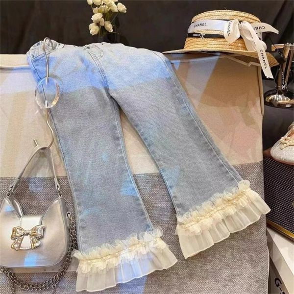 【現貨】女童牛仔長褲 蕾絲拼接下擺 