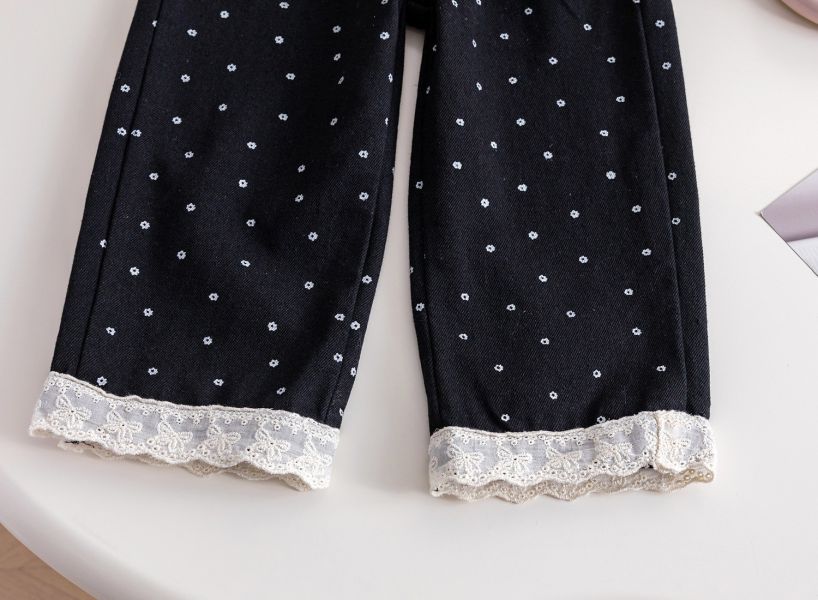 女童點點休閒長褲 蕾絲拼接 長褲