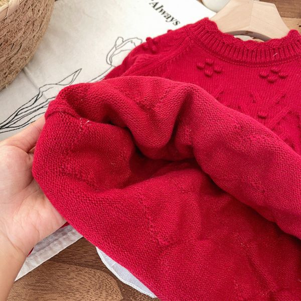 女童蕾絲拼接 針織長袖群衣 長袖毛衣上衣 