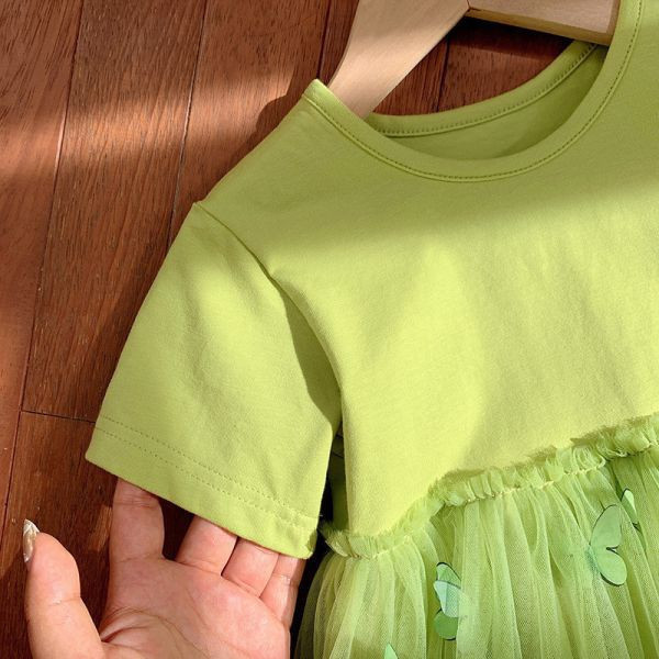 【現貨】女童網紗 短袖拼接 連身裙 立體蝴蝶 洋裝 