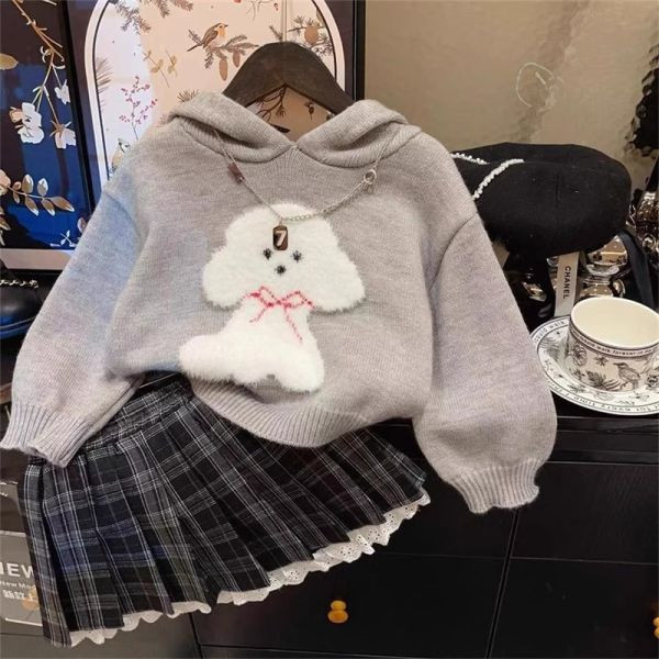 【現貨】女童連帽針織長袖上衣 狗狗圖案 半身格子短裙 
