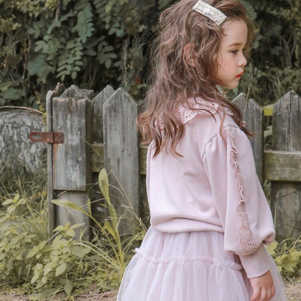 女童泡泡袖 蕾絲拼接 長袖上衣