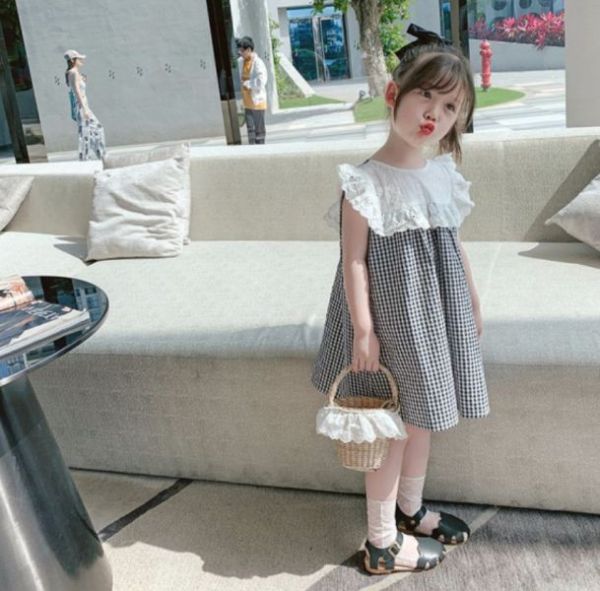 【現貨】女童浪漫蕾絲拼接 格子裙 短袖洋裝 背心裙 