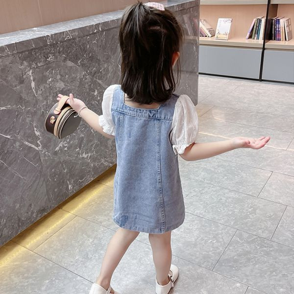 【現貨】女童牛仔拼接 短袖連身裙 牛仔裙 洋裝 