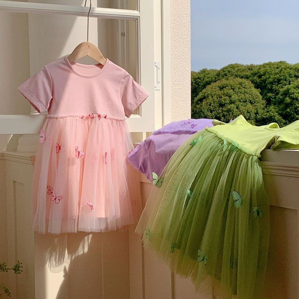 【現貨】女童網紗 短袖拼接 連身裙 立體蝴蝶 洋裝 