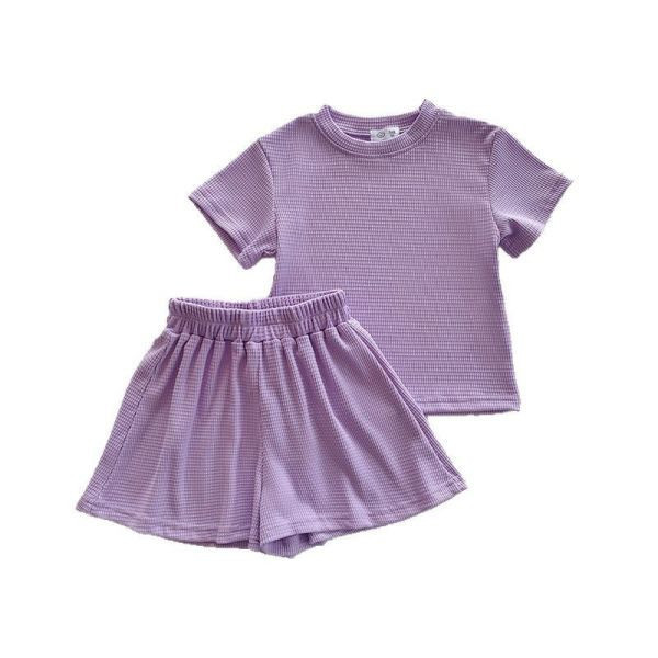 【現貨】女童 舒適短袖套裝 華夫格 短袖上衣+短褲 