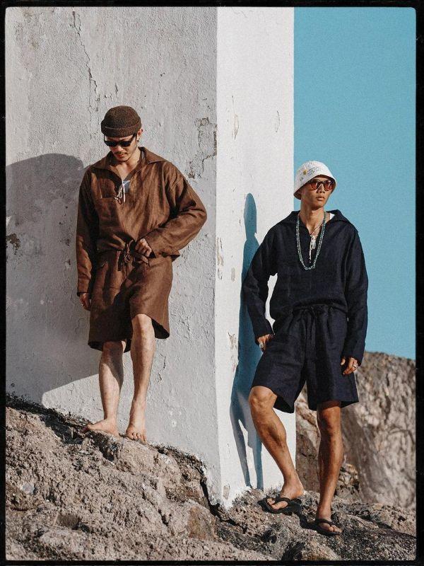 The MOBY'S Herringbone Linen Seaman Smock / Brown 