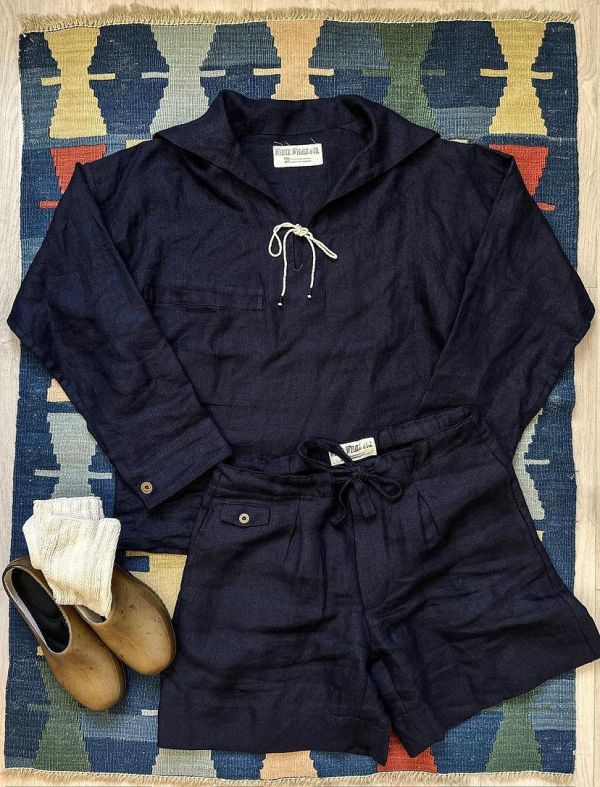 The MOBY'S Herringbone Linen Seaman Smock / Indigo 
