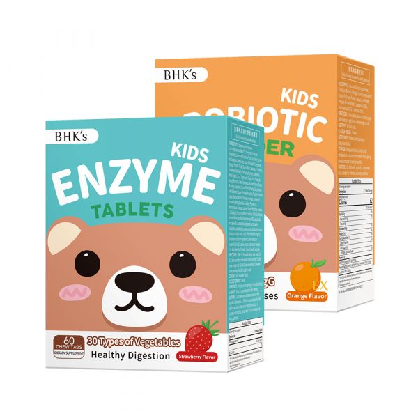 BHK's Kids Enzyme Chewable Tablets (Strawberry Flavor) (60 chewable tablets/packet) + Kids Probiotic Powder EX with Colostrum (Orange Flavor) (2g/stick pack; 30 stick packs/packet)【Nutrition Digestion】 