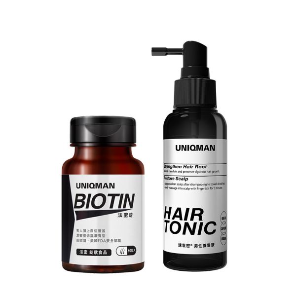 UNIQMAN 健发养护组 法密锭(60粒/瓶)+速发密男性养发液(100ml/瓶) 法密锭,生物素,BIOTIN,维他命H,白首乌