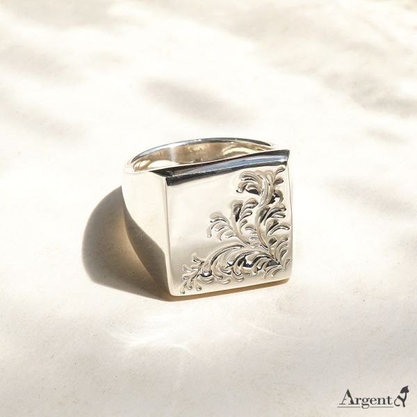 「唐草印章戒(方形.寬版)」純銀戒指｜925銀飾戒指推薦(可加購刻字)  手工雕刻唐草紋路，每個不同 企業競賽獎戒,紀念銀戒,榮耀紀念禮物