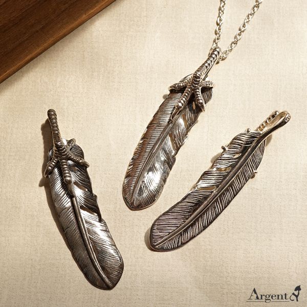 「爪羽(佑翼)」(羽毛上面加上鷹爪)(配2.5mm銀鍊/鹿皮繩)造型純銀飾品 |印地安系列手工製作(單條價) 羽毛項鍊