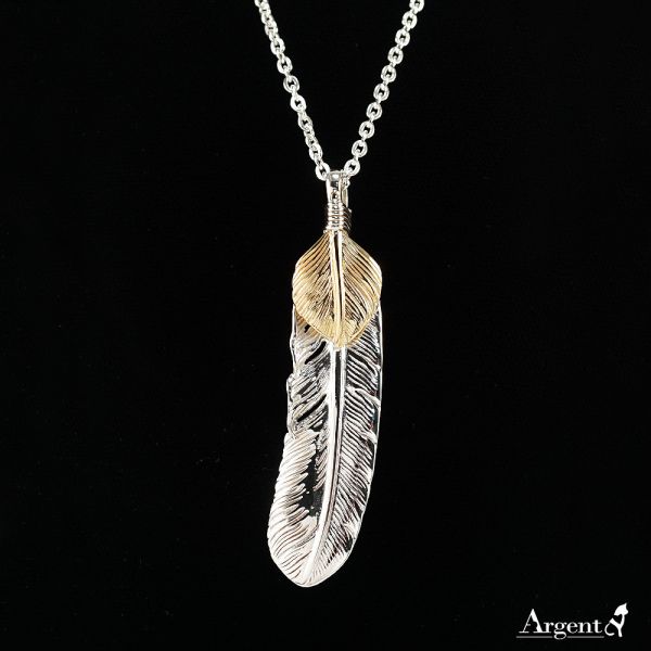 「上金特大羽(佐羽)」(銀大羽上方加18K金羽葉)造型雕刻純銀飾品手工製作|印地安系列推薦(單墜價) 羽毛項鍊
