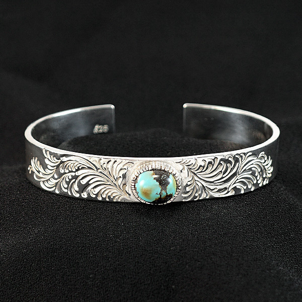 手環「簡約唐草綠松石(寬10mm)」純銀手環(可加購刻字) 純銀飾品手環 綠松石手環