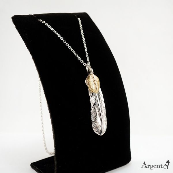 「上金特大羽(佐羽)」(銀大羽上方加18K金羽葉)造型雕刻純銀飾品手工製作|印地安系列推薦(單墜價) 羽毛項鍊