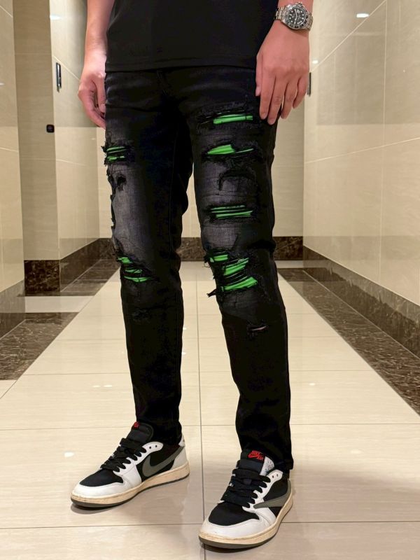 綠惡魔 暴徒水洗皮工藝黑灰牛仔長褲 窄版 修身牛仔褲 綠惡魔 暴徒水洗皮工藝黑灰牛仔長褲 窄版 修身牛仔褲