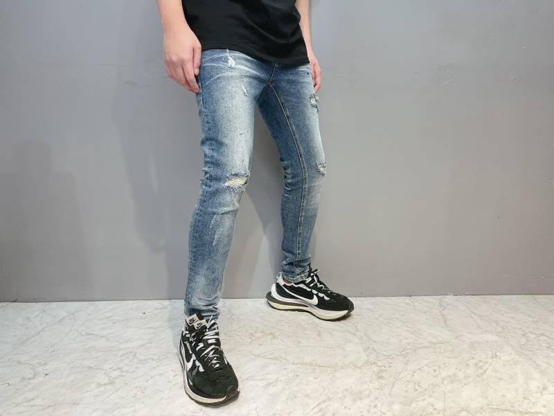 深藍 破壞 挖洞 水洗 復古色 牛仔褲 