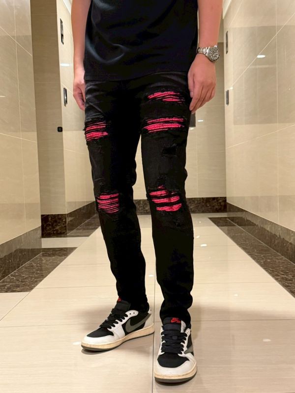 桃紅惡魔爆裂紋 細膩 立體剪裁 黑灰牛仔長褲 修身牛仔褲 桃紅惡魔爆裂紋 細膩 立體剪裁 黑灰牛仔長褲 修身牛仔褲