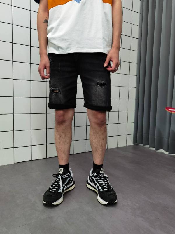 韓國 純黑刷色 貓鬚彈力布標 牛仔短褲 