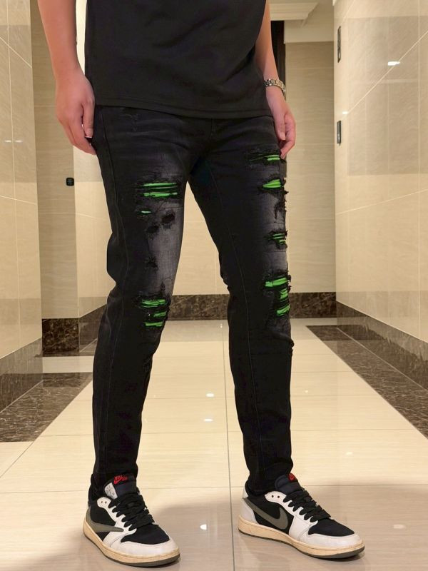 綠惡魔 暴徒水洗皮工藝黑灰牛仔長褲 窄版 修身牛仔褲 綠惡魔 暴徒水洗皮工藝黑灰牛仔長褲 窄版 修身牛仔褲