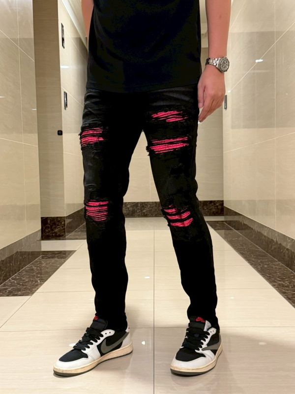 桃紅惡魔爆裂紋 細膩 立體剪裁 黑灰牛仔長褲 修身牛仔褲 桃紅惡魔爆裂紋 細膩 立體剪裁 黑灰牛仔長褲 修身牛仔褲