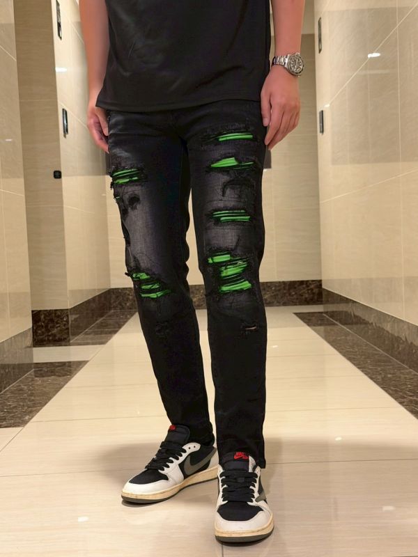 綠惡魔 暴徒水洗皮工藝黑灰牛仔長褲 窄版 修身牛仔褲 綠惡魔 暴徒水洗皮工藝黑灰牛仔長褲 窄版 修身牛仔褲