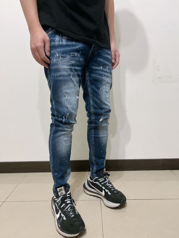 深藍 多縫線刷破 補丁 潑漆 牛仔長褲 深藍 多縫線刷破 補丁 潑漆 牛仔長褲