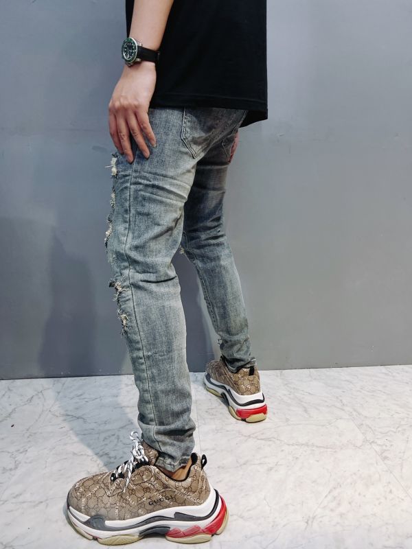 復古色系 灰藍 變形蟲皺褶補丁 彈力修身 牛仔破褲 復古色系 灰藍 變形蟲皺褶補丁 彈力修身 牛仔破褲