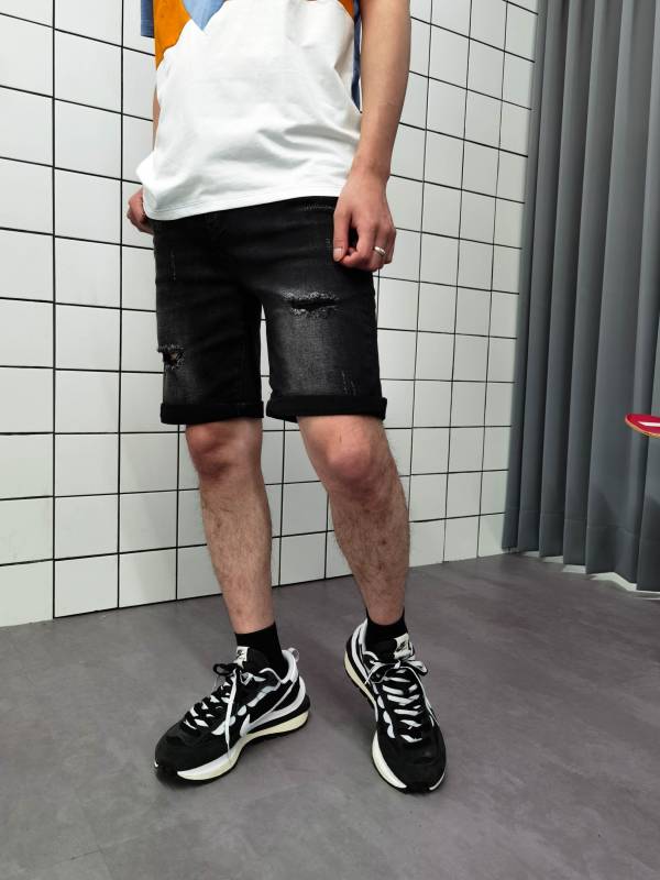 韓國 純黑刷色 貓鬚彈力布標 牛仔短褲 