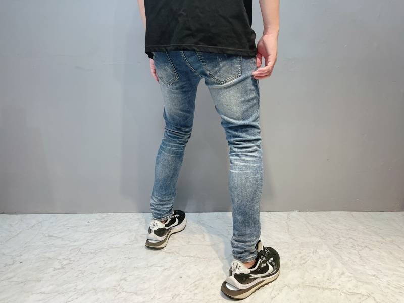 深藍 破壞 挖洞 水洗 復古色 牛仔褲 