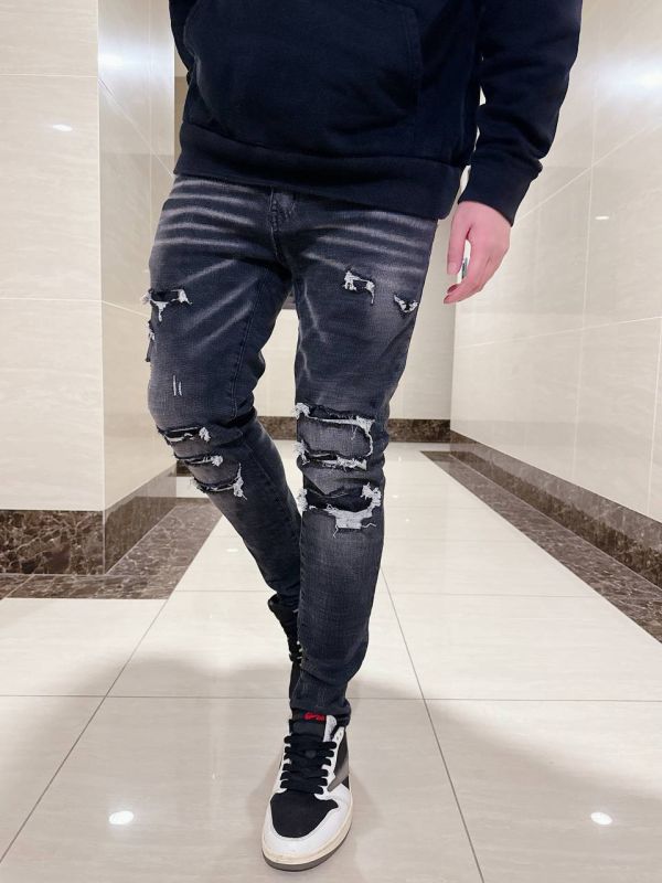 燻黑刷灰 高磅 多刀割 補丁 彈力牛仔破褲 燻黑刷灰 高磅 多刀割 補丁 彈力牛仔破褲