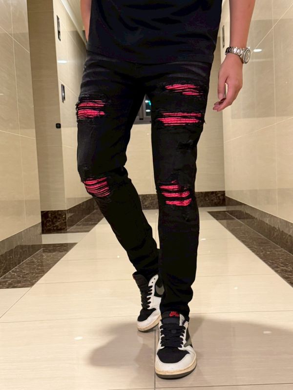 桃紅惡魔爆裂紋 細膩 立體剪裁 黑灰牛仔長褲 修身牛仔褲 桃紅惡魔爆裂紋 細膩 立體剪裁 黑灰牛仔長褲 修身牛仔褲