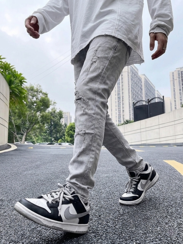 水泥淺灰 設計破壞 補丁 牛仔破褲 水泥淺灰 設計破壞 補丁 牛仔破褲