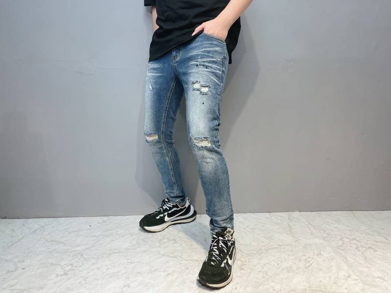 深藍 破壞 挖洞 水洗 復古色 牛仔褲 