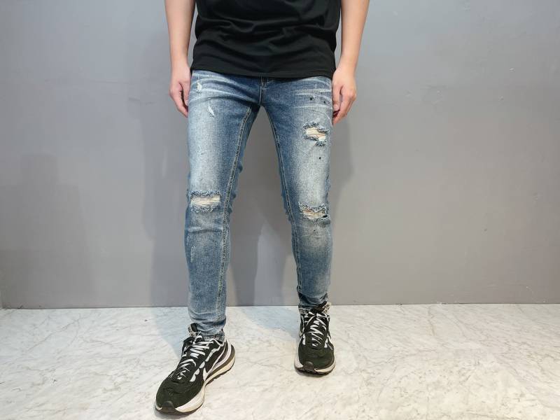 深藍 破壞 挖洞 水洗 復古色 牛仔褲 