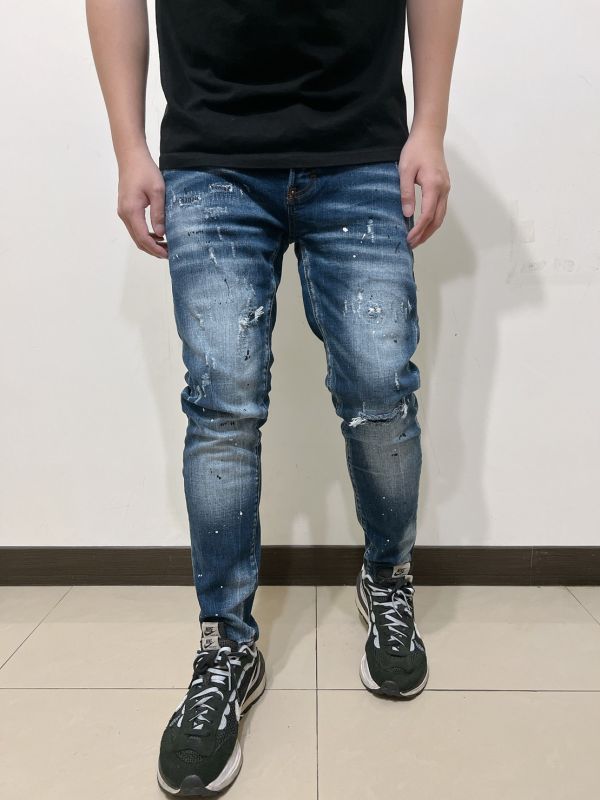 深藍 多縫線刷破 補丁 潑漆 牛仔長褲 深藍 多縫線刷破 補丁 潑漆 牛仔長褲