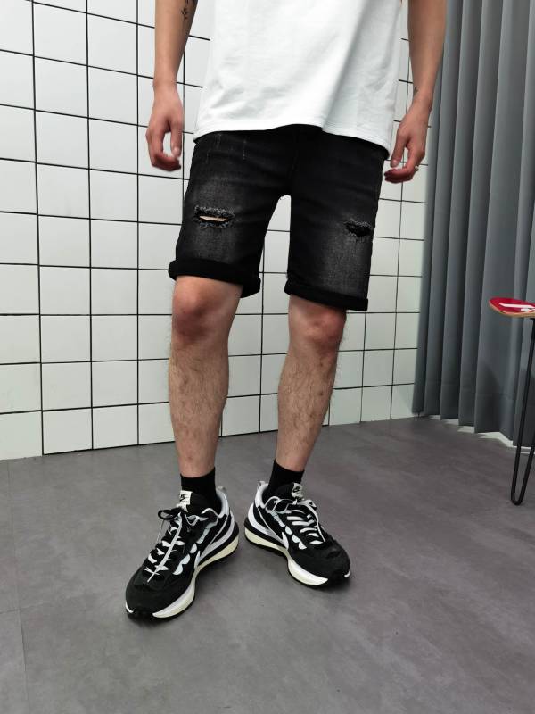 韓國 純黑刷色 貓鬚彈力布標 牛仔短褲 